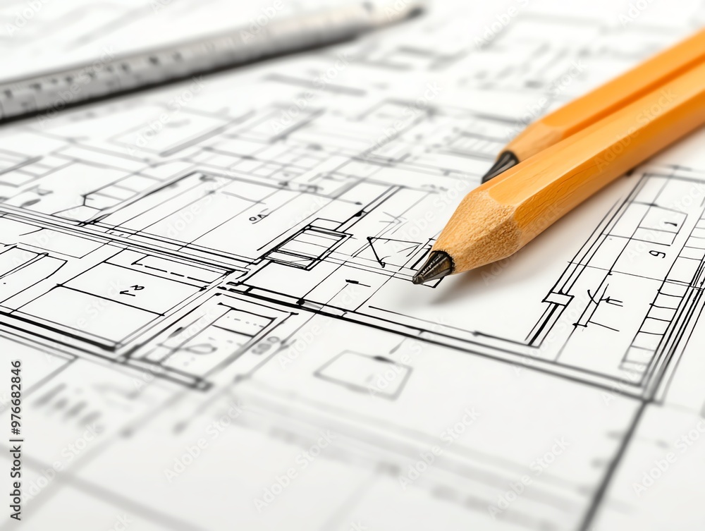 Close-up of architectural blueprint with pencil and ruler, focusing on planning and design details. Close-up of architectural blueprint with pencil and ruler, focusing on planning and design details.