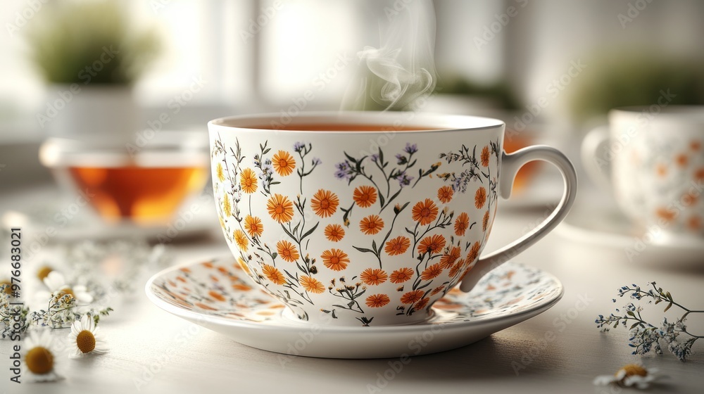 A steaming cup of tea in a floral-patterned porcelain setting. A steaming cup of tea in a floral-patterned porcelain setting.