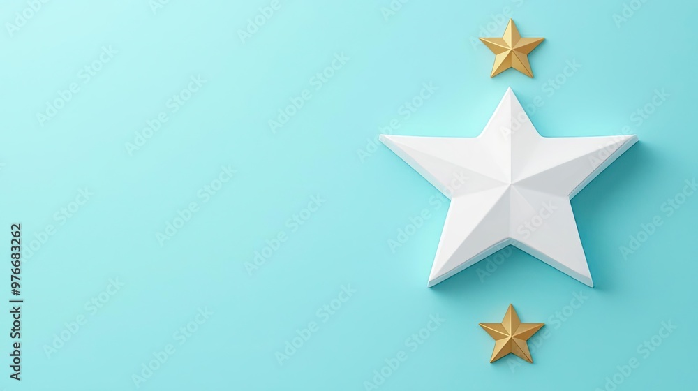 Obraz premium A modern decorative arrangement featuring a large white star and gold stars on a soft blue background, ideal for design projects.