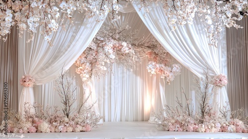 Pearl Draped Wedding Stage, Pink Floral Accents, Textured Look, Angle