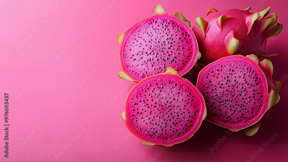 Vibrant pink dragonfruit slices reveal exotic tropical superfood texture on fuchsia background with empty copy space Vibrant pink dragonfruit slices reveal exotic tropical superfood texture on fuchsia background with empty copy space