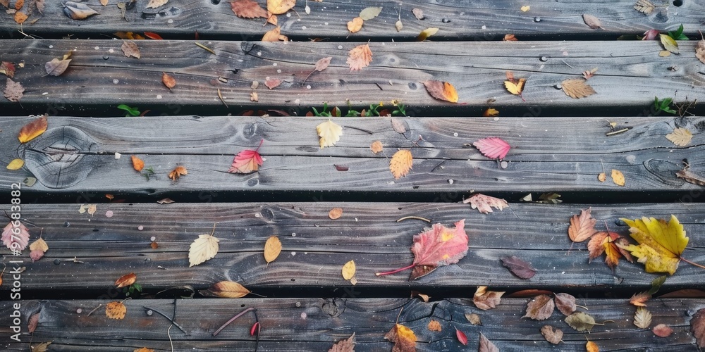 Naklejka premium Attractive wood textures and leaf remnants on the weathered wooden bridge surface