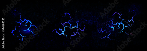 Magic blue floor crack with light. Dark lava fire glowing texture. Realistic earthquake disaster fissure set. Volcano energy neon effect. Mystery hole and break land. Frozen fracture for game