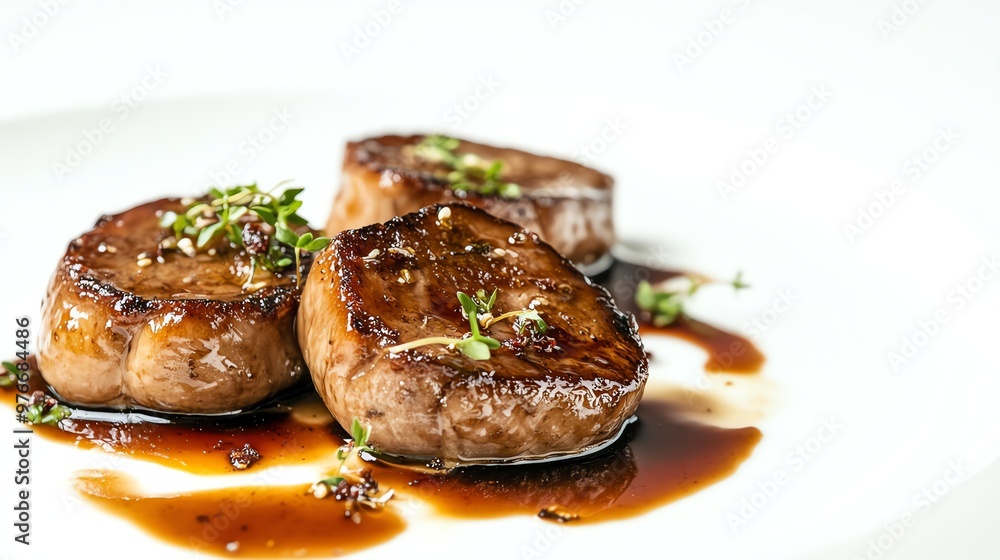 Three seared scallops with a brown sauce and a garnish of herbs. Three seared scallops with a brown sauce and a garnish of herbs.