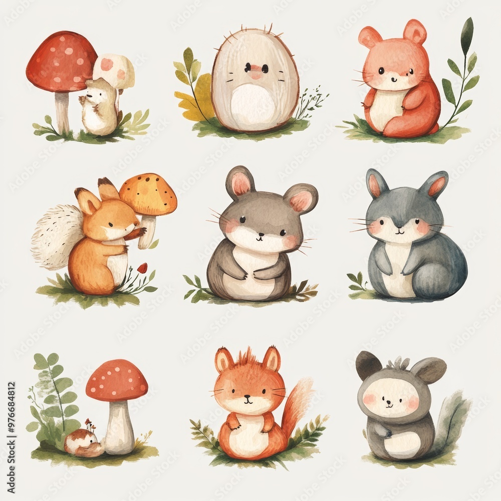 Fototapeta premium Cute Watercolor Forest Animals Clipart Set