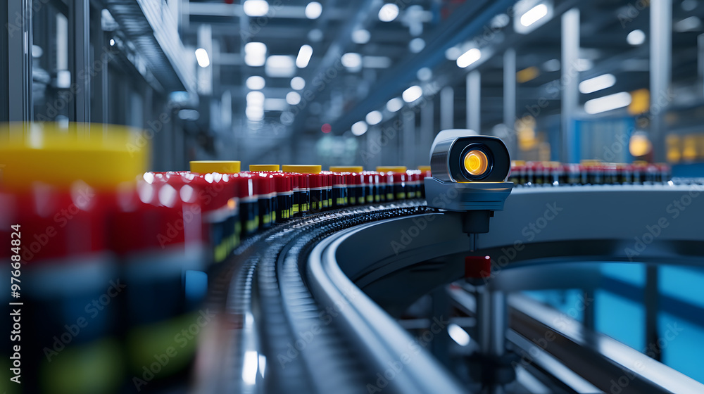 Automated production line with camera monitoring bottles on conveyor ...