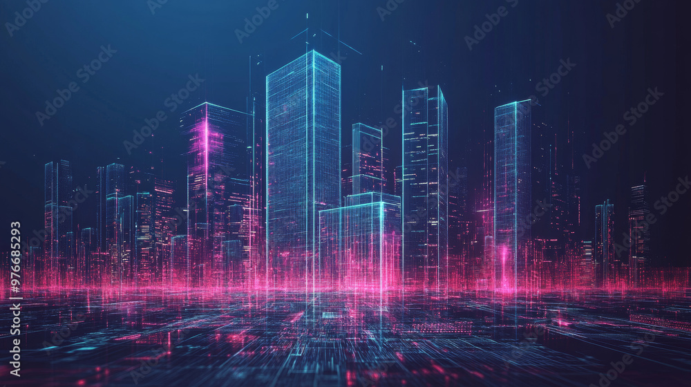 Vision of a smart digital city showcasing high-rise towers in a futuristic urban setting. Includes abstract digital buildings and virtual reality elements, depicted in a modern technology. Vision of a smart digital city showcasing high-rise towers in a futuristic urban setting. Includes abstract digital buildings and virtual reality elements, depicted in a modern technology.
