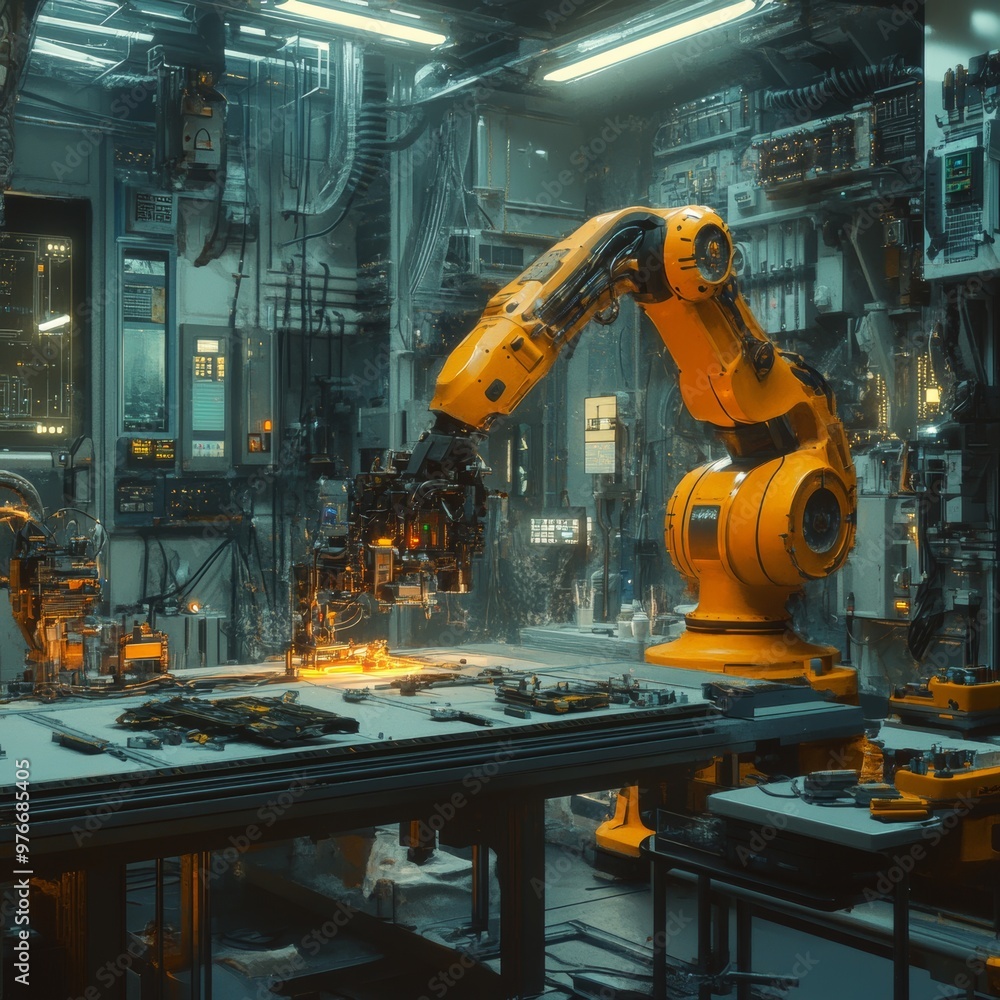 Fototapeta premium Futuristic Robotic Arm in Factory Setting