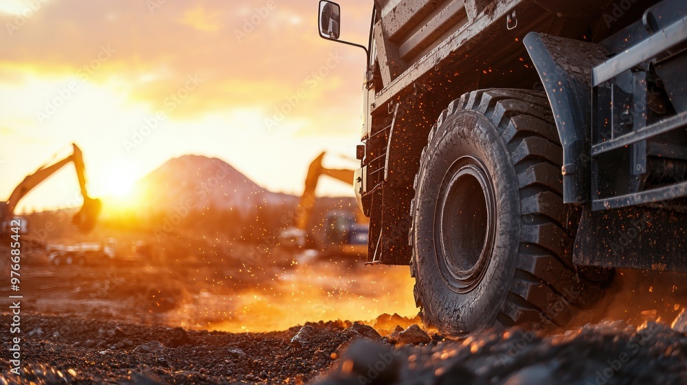 Fototapeta premium Heavy-Duty Truck on Busy Construction Site at Sunset with Monte and Vibrant Sky in Background