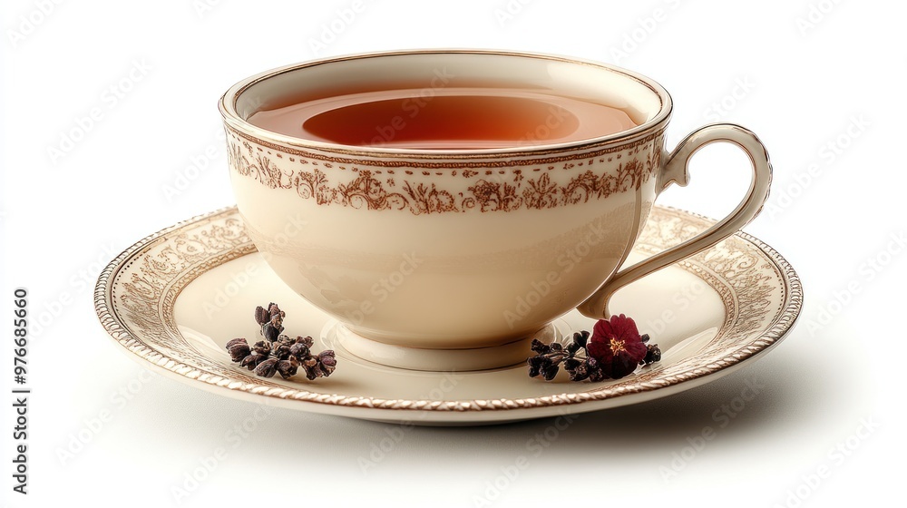 A decorative teacup filled with tea on a saucer, accented with herbs. A decorative teacup filled with tea on a saucer, accented with herbs.