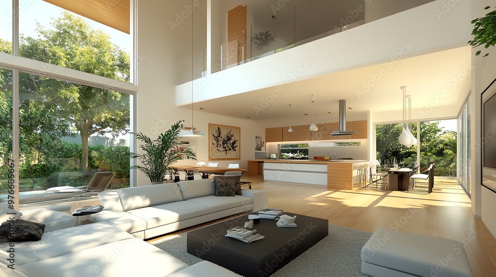 Modern open plan living room with floor-to-ceiling windows, contemporary furniture, and a spacious dining area filled with natural light.