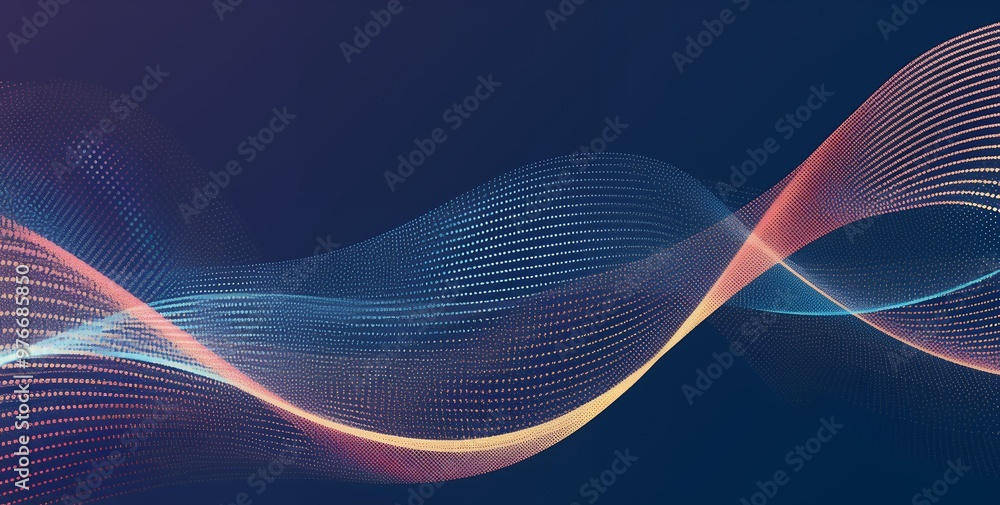 Abstract waves of blue, orange, and pink dotted lines on a dark blue background. Abstract waves of blue, orange, and pink dotted lines on a dark blue background.