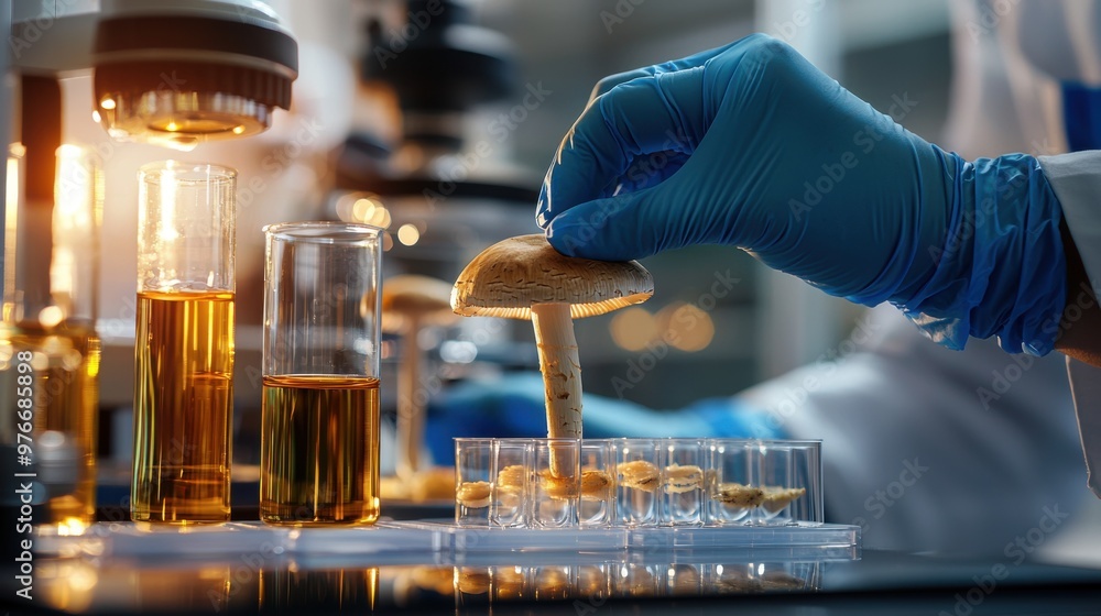 Precision Work in Food Safety Research Lab: Hands in Blue Gloves Positioning Mushroom on Test Tube with Brown Liquid Stock Precision Work in Food Safety Research Lab: Hands in Blue Gloves Positioning Mushroom on Test Tube with Brown Liquid Stock
