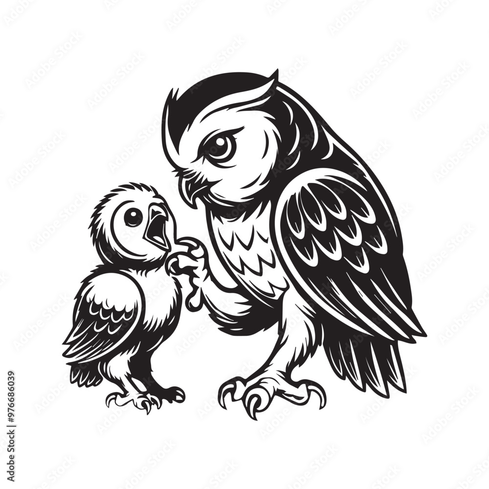 Owl Outline Clipart - An Owl Feeding Chick vector illustration in black and white Owl Outline Clipart - An Owl Feeding Chick vector illustration in black and white