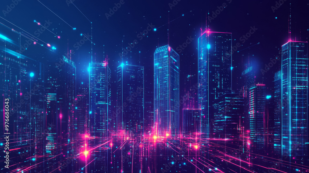 Vision of a smart digital city showcasing high-rise towers in a futuristic urban setting. Includes abstract digital buildings and virtual reality elements, depicted in a modern technology. Vision of a smart digital city showcasing high-rise towers in a futuristic urban setting. Includes abstract digital buildings and virtual reality elements, depicted in a modern technology.