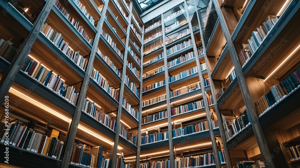 Obraz premium The soaring shelves of a contemporary library stretch elegantly toward the ceiling, highlighting innovative architecture and design.