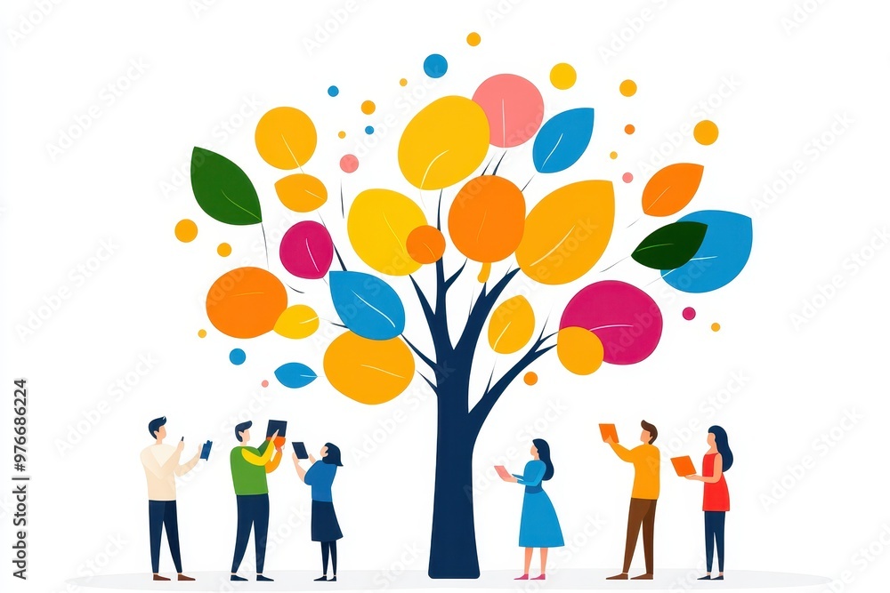 A vibrant illustration of a colorful tree surrounded by individuals appreciating nature, symbolizing growth and community engagement. A vibrant illustration of a colorful tree surrounded by individuals appreciating nature, symbolizing growth and community engagement.