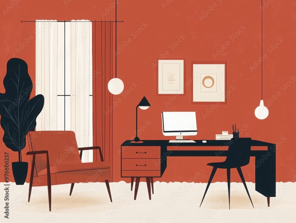 Illustration of a minimalist home office featuring a mid-century chair, modern desk, and computer, set against a bold red wall. Illustration of a minimalist home office featuring a mid-century chair, modern desk, and computer, set against a bold red wall.