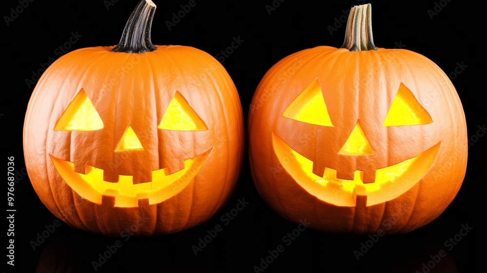 Two halloween pumpkins close up on black background Two halloween pumpkins close up on black background