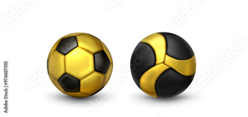 3d soccer ball. Golden and black sport icon vector. Realistic stadium game element design set. Football toy shoot in gold color and pentagon pattern. Fan league competition sphere trophy graphic