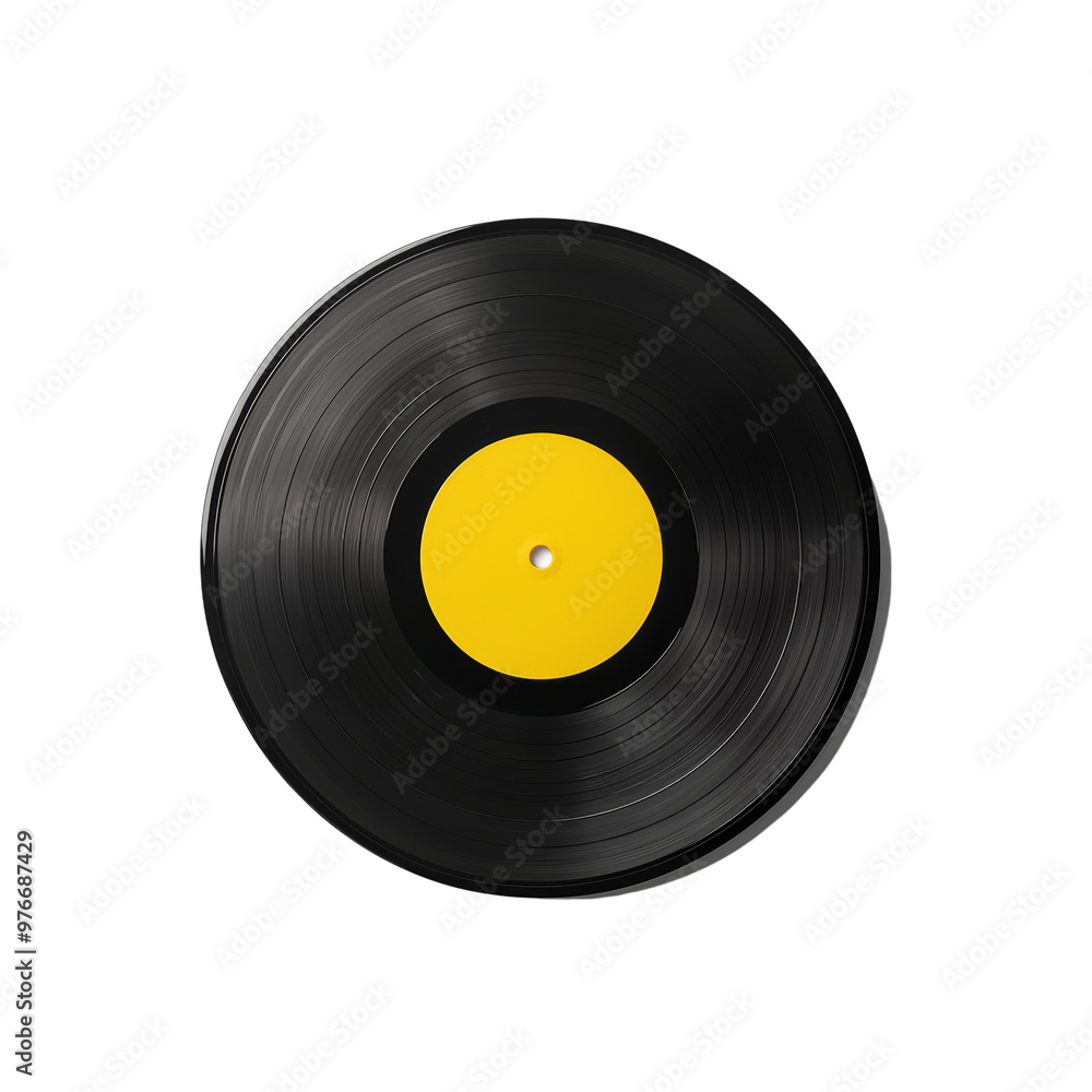 Obraz premium Classic black vinyl record with yellow label on black background