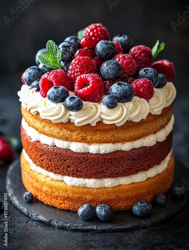 Wallpaper Mural classic layered vanilla cake with whipped cream berries against deep black background with soft lighting highlighting details Torontodigital.ca