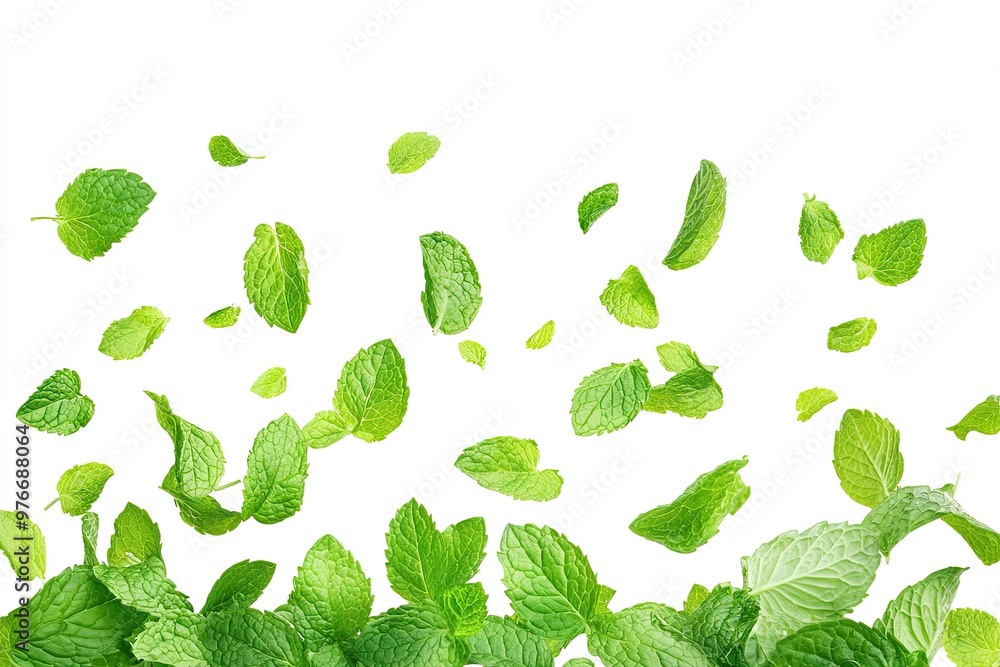 falling mint leaves, spearmint isolated on white falling mint leaves, spearmint isolated on white