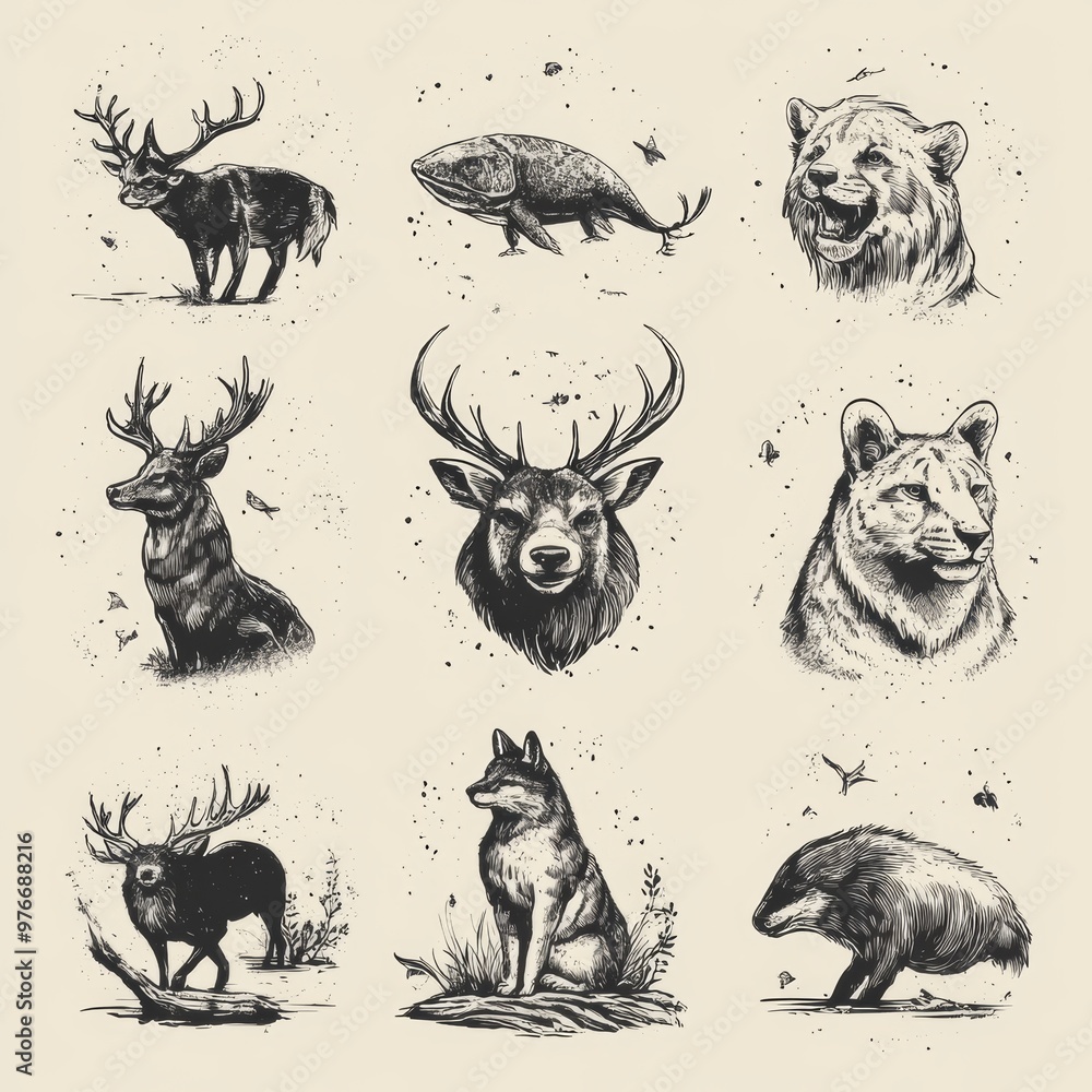 Naklejka premium Hand Drawn Wildlife Sketch Set Deer Wolf Bear Cougar Fish