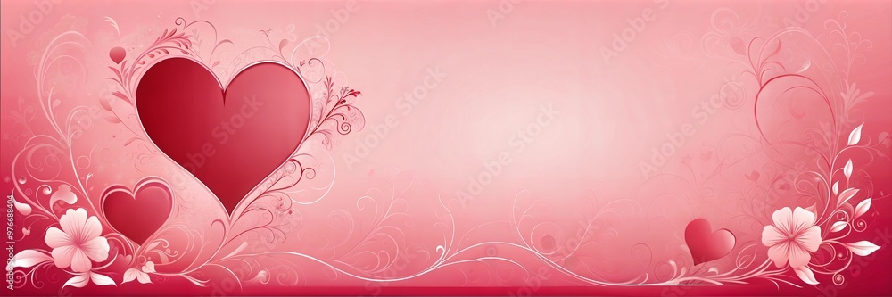 Red Heart and Floral Design on Pink Background, Valentine's Day Banner with Copy Space Red Heart and Floral Design on Pink Background, Valentine's Day Banner with Copy Space