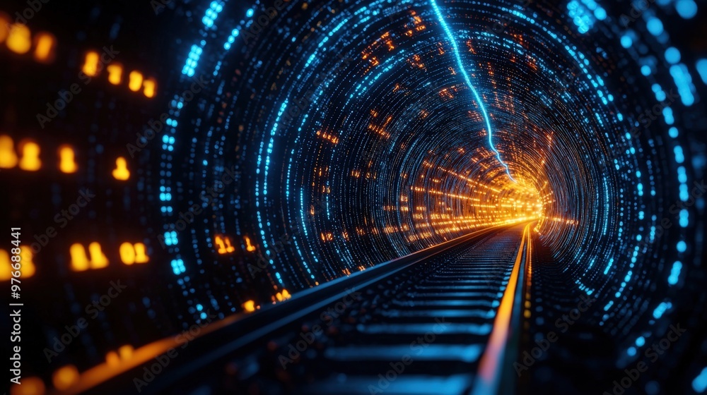 A vibrant digital tunnel illuminated with bright orange and blue lights, showcasing a mesmerizing journey through technology. A vibrant digital tunnel illuminated with bright orange and blue lights, showcasing a mesmerizing journey through technology.