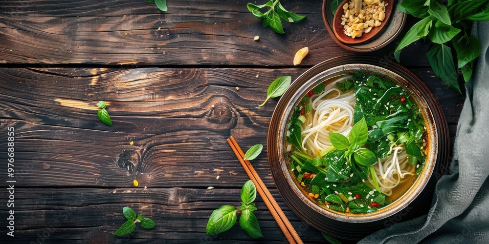 Noodle Soup Served on a Wooden Surface Noodle Soup Served on a Wooden Surface