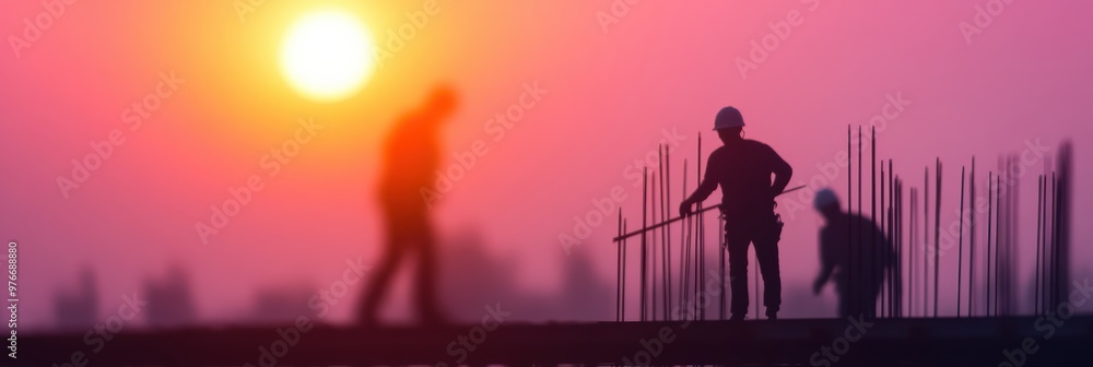 Fototapeta premium Construction workers are silhouetted against a colorful sunset as they work on steel bars, representing the dedication, strength, and industrious spirit that builds modern infrastructure.