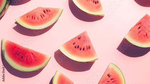 Watermelon slices on a pink background.