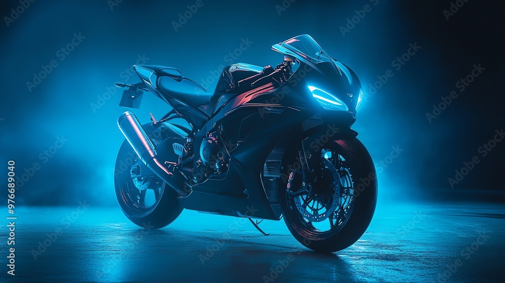 A black sportbike under blue studio lighting. A black sportbike under blue studio lighting.