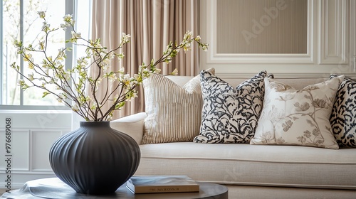 Elegant living room with decorative pillows and a stylish vase with flowers, creating a cozy and inviting atmosphere.