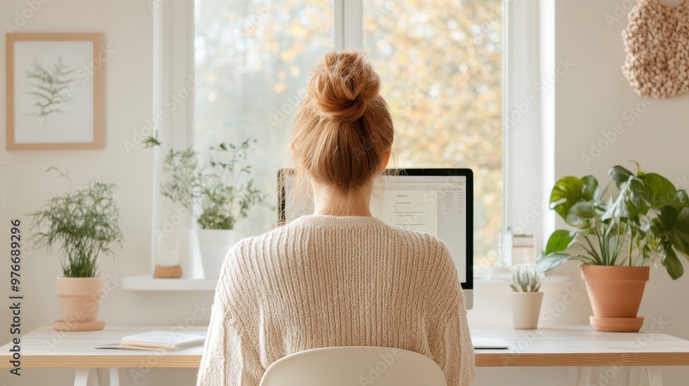 Woman Adjusting Monitor Height for Correct Posture in Minimalist Office Workspace Woman Adjusting Monitor Height for Correct Posture in Minimalist Office Workspace
