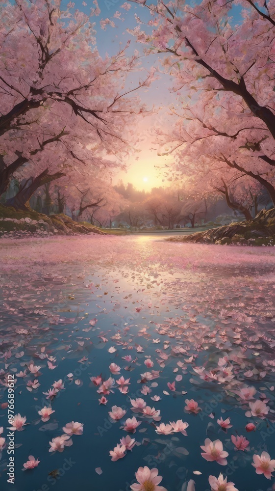 A realistic landscape featuring an enormous cherry blossom tree in full bloom, its branches stretching high and wide, covered in countless delicate pink petals. The tree stands majestically in the cen A realistic landscape featuring an enormous cherry blossom tree in full bloom, its branches stretching high and wide, covered in countless delicate pink petals. The tree stands majestically in the cen