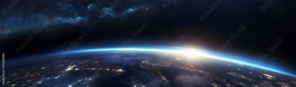 Obraz premium A stunning view of Earth from space, with the sun rising over the horizon. The vastness of space is emphasized by the twinkling stars and the blue glow of the planet.