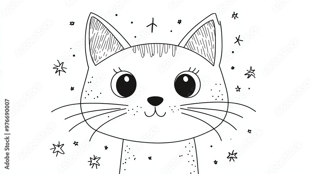 Obraz premium A black and white line drawing of a cat with big eyes and a smile.