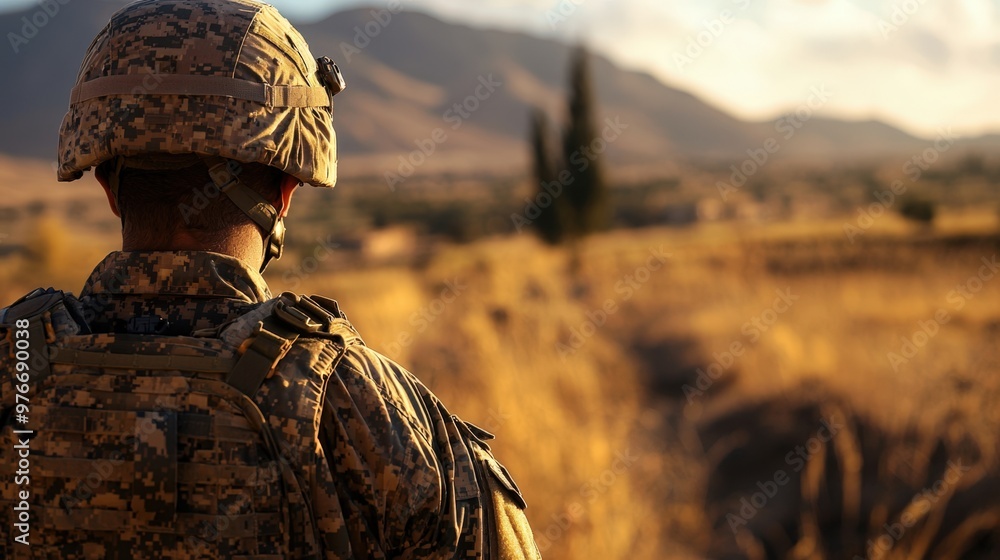 Fototapeta premium A soldier stands vigilant in a sunset landscape, reflecting dedication and duty in a serene environment.