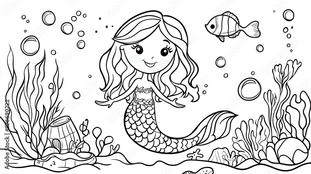 Fototapeta premium A line drawing of a mermaid with long hair and a fish tail.