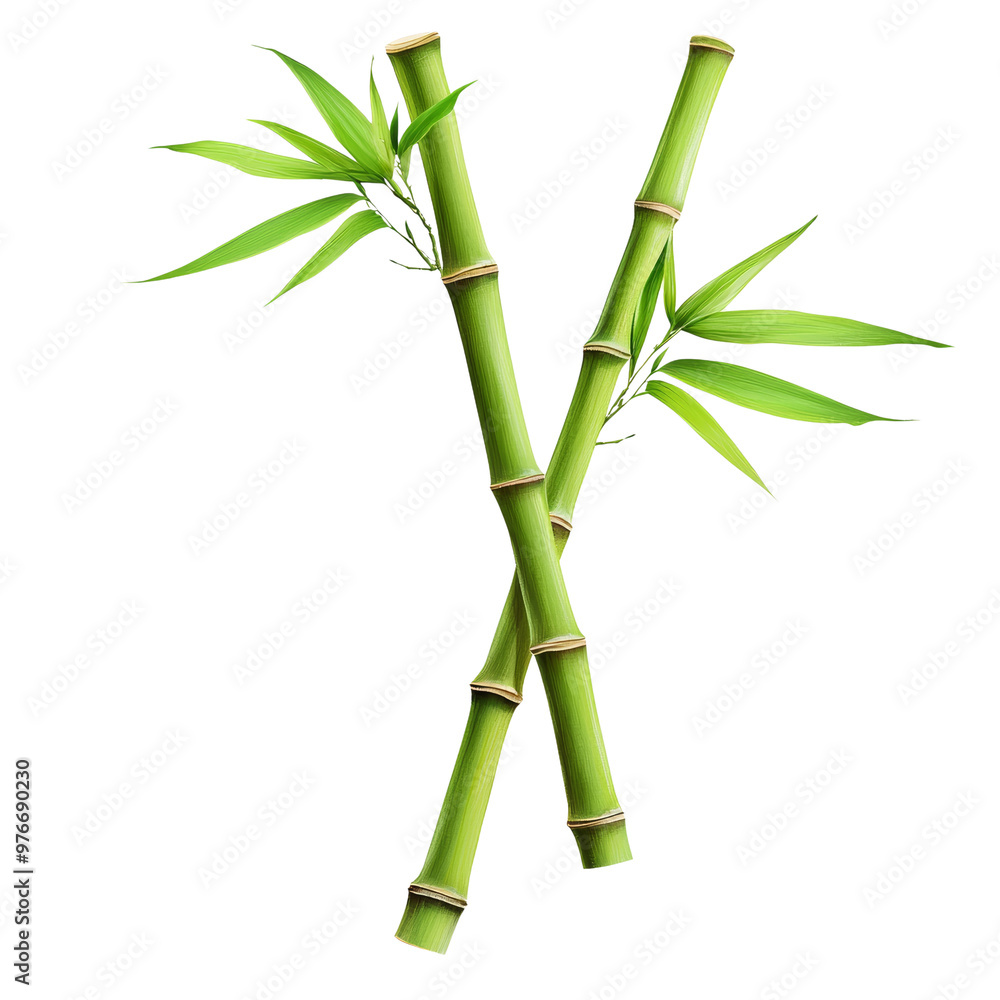 Obraz premium Crossed bamboo stalks with green leaves on a transparent background