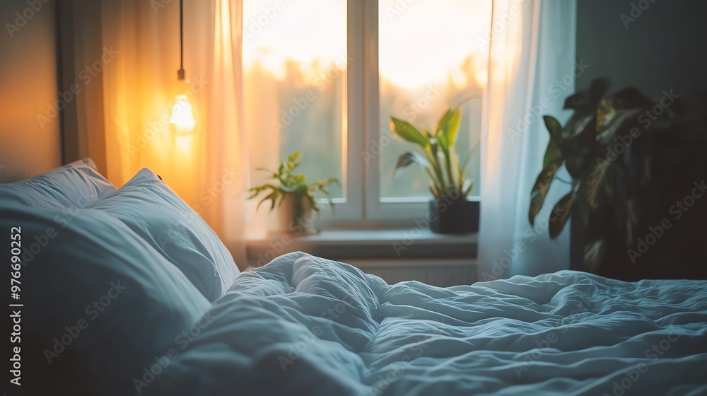 Fototapeta premium Cozy bedroom with soft morning light, white linens, and potted plants, creating a serene and inviting atmosphere.