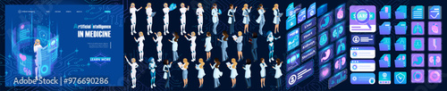 Isometric Template Creating Landing page about Cyborg AI for Medical. Kit of Characters, Persons. Kit of icons. Create your own unique design
