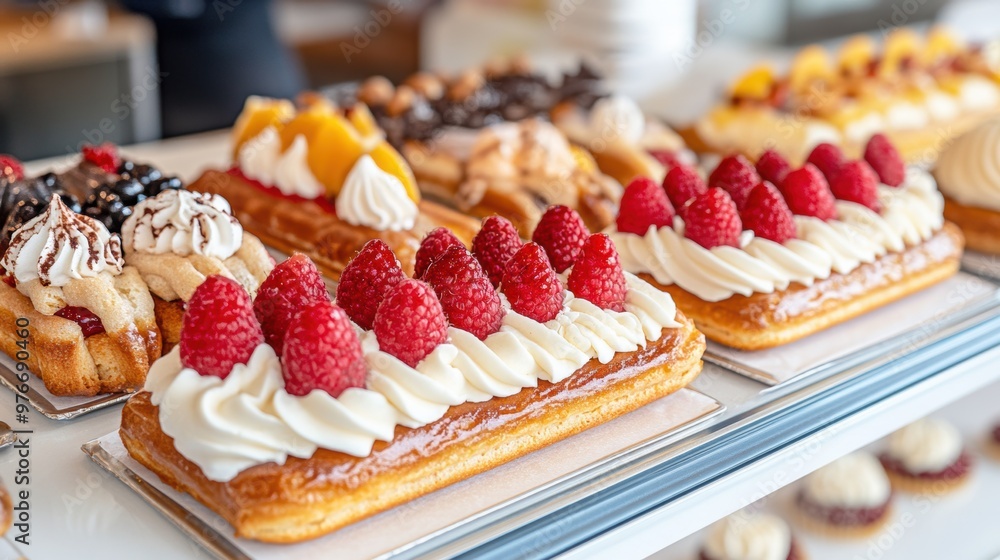Elegant Éclairs and Fruit Tarts on Bakery Counter
Elegant Éclairs and Fruit Tarts on Bakery Counter