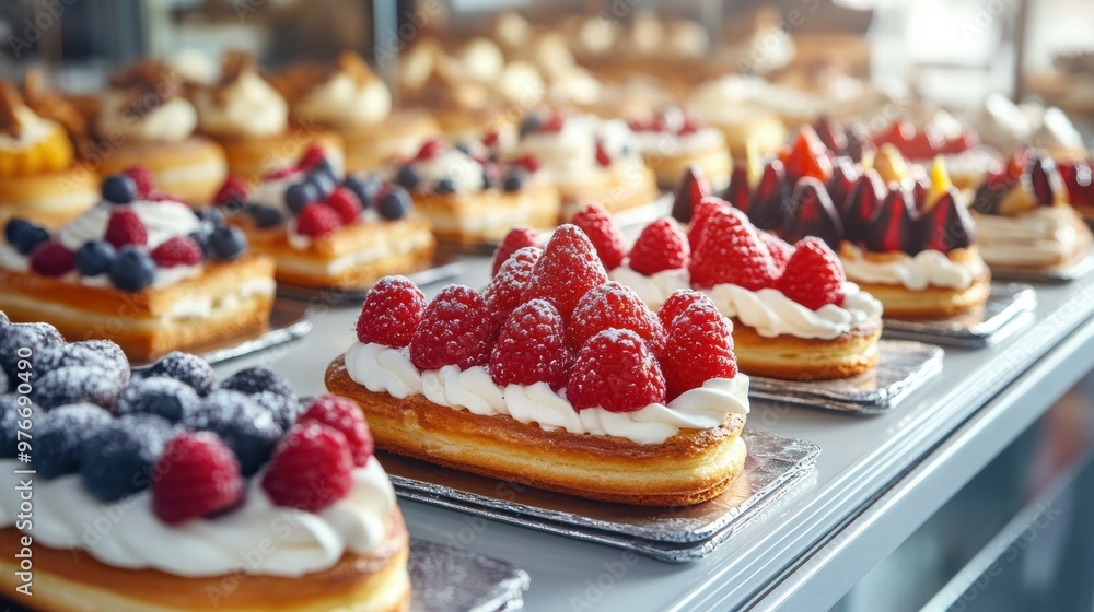 Elegant Éclairs and Fruit Tarts on Bakery Counter
Elegant Éclairs and Fruit Tarts on Bakery Counter