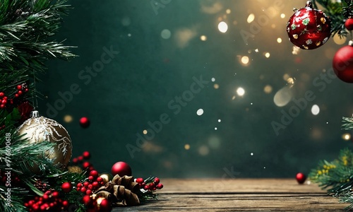 Christmas flatlay background with fir tree brunch with copy space