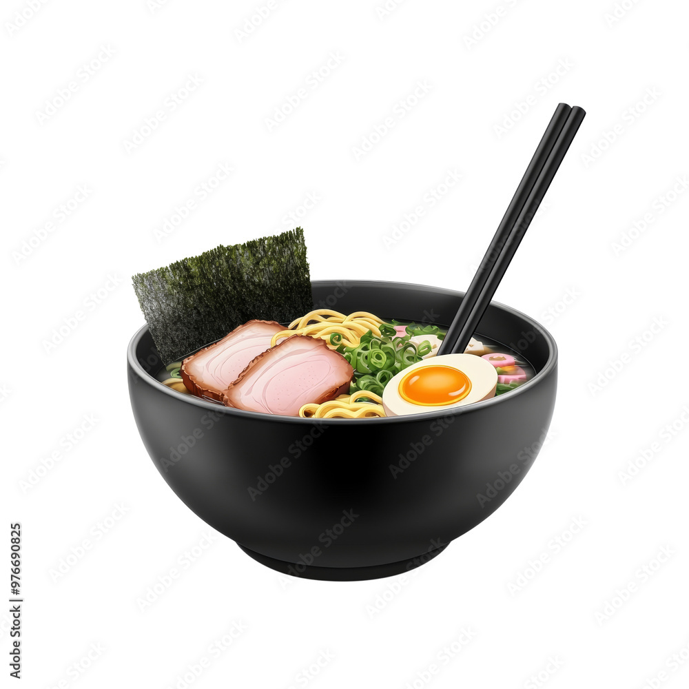 Delicious ramen bowl with pork, egg, and seaweed on black background Delicious ramen bowl with pork, egg, and seaweed on black background
