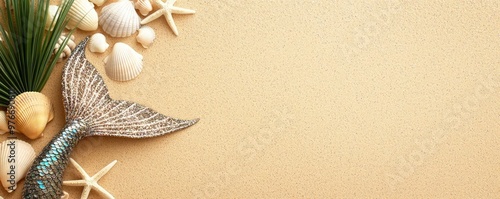 A glitter covered mermaid tail resting on a sandy beach, with seashells and starfish around, capturing the essence of a mythical beach scene