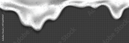 Beer foam texture. 3d white shampoo soap vector. Lather detergent wave realistic border pattern. Foamy illustration. Laundry and bathtub cosmetic froth top view design on transparent background